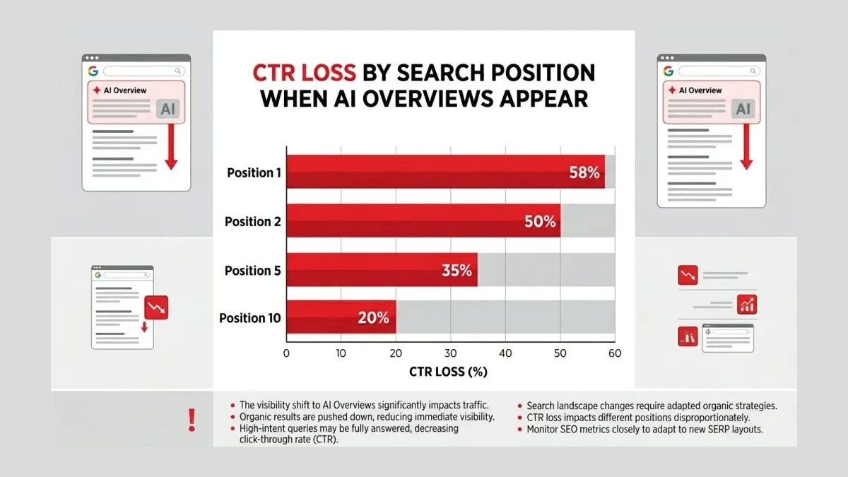Infographic: Infographic showing CTR loss by search position when AI Overviews appear: horizontal bar chart with Position 1 losing 58