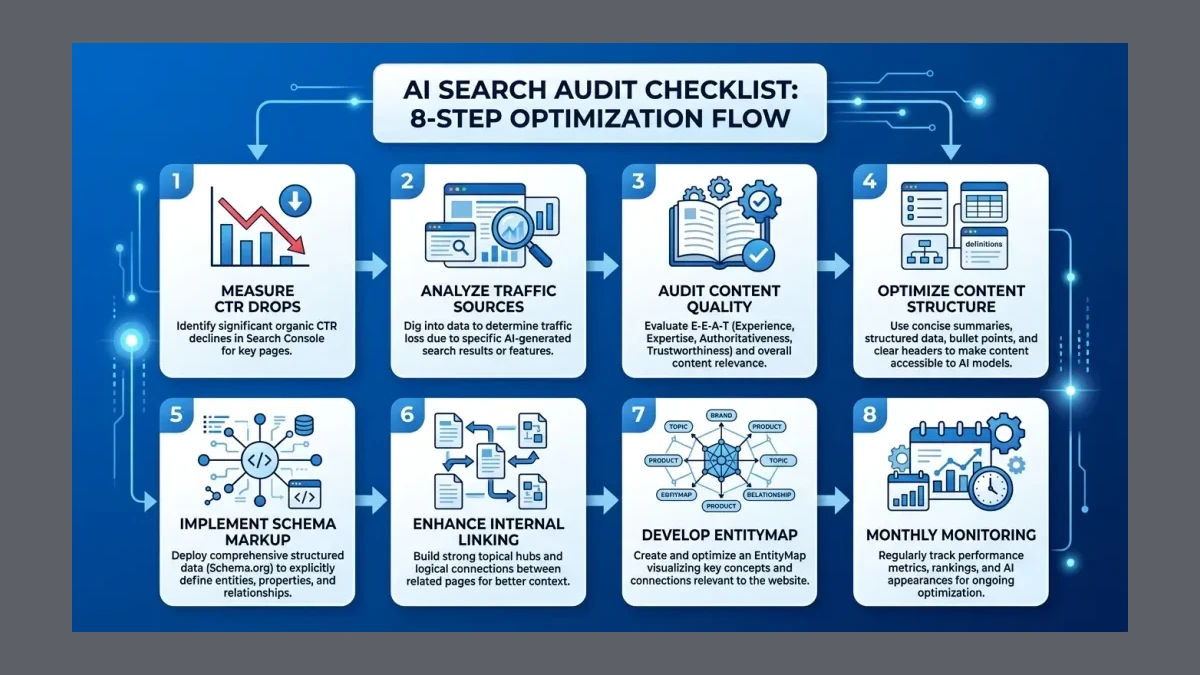 Infographic: Infographic showing the AI search audit checklist as a numbered flow: 8 steps from measuring CTR drops through EntityMap