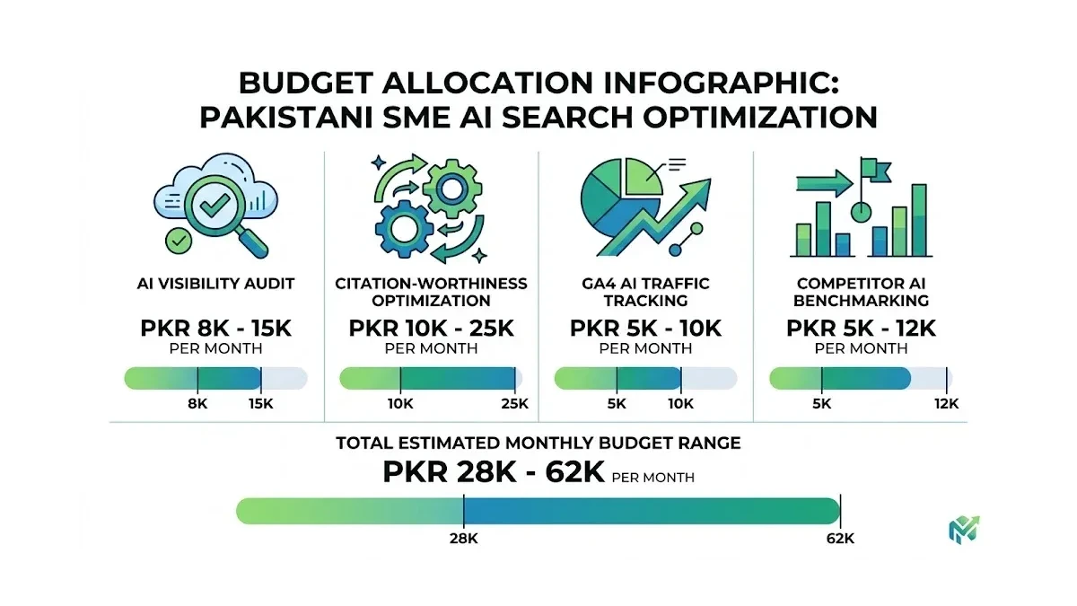 Infographic: Four pillars of AI search optimization budget allocation for Pakistani SMEs showing monthly cost ranges in PKR and time-to-impact for each category
