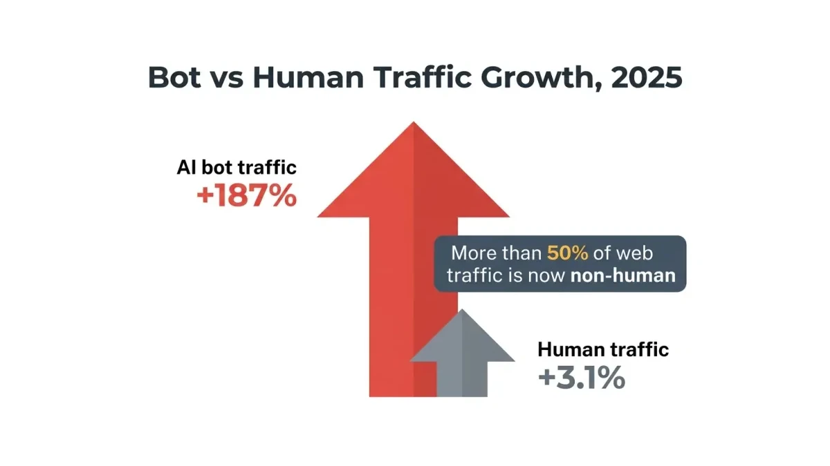Infographic: Infographic titled 'Bot vs Human Traffic Growth, 2025' showing two contrasting arrows: a large upward red arrow 'AI bot 