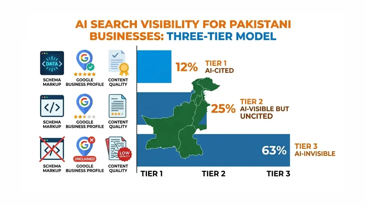 Infographic: Infographic showing three tiers of AI search visibility for Pakistani businesses: Tier 1 AI-Cited at 12%, Tier 2 AI-Visi