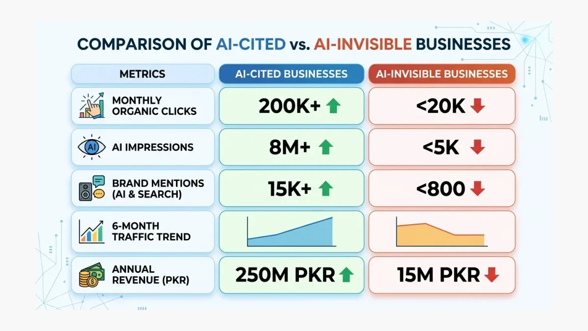 Infographic: Infographic showing comparison table of AI-Cited vs AI-Invisible businesses with metrics: monthly organic clicks, AI imp