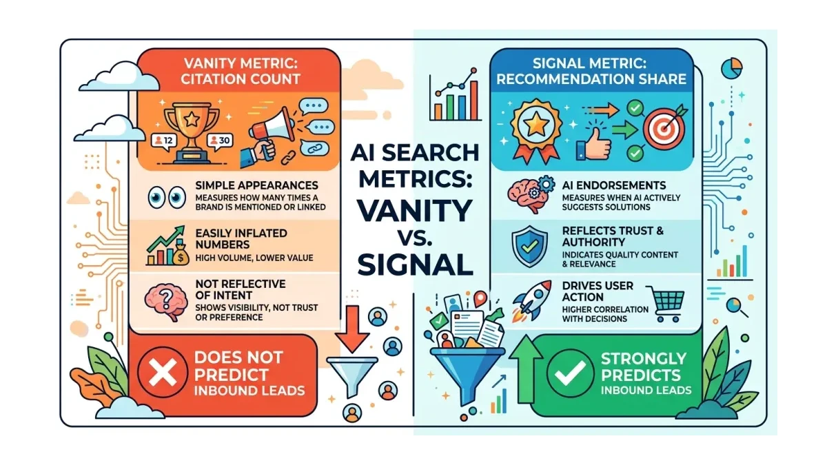 Infographic: Citation versus recommendation measurement across accounts, comparing vanity metrics to the recommendation-share signal that predicts inbound leads.