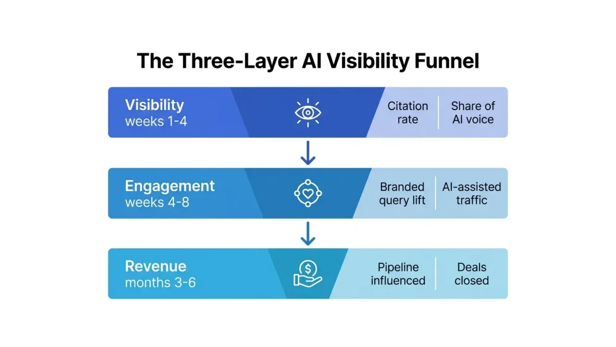 Infographic: The three-layer AI visibility funnel, Visibility in weeks 1-4, Engagement in weeks 4-8, Revenue in months 3-6