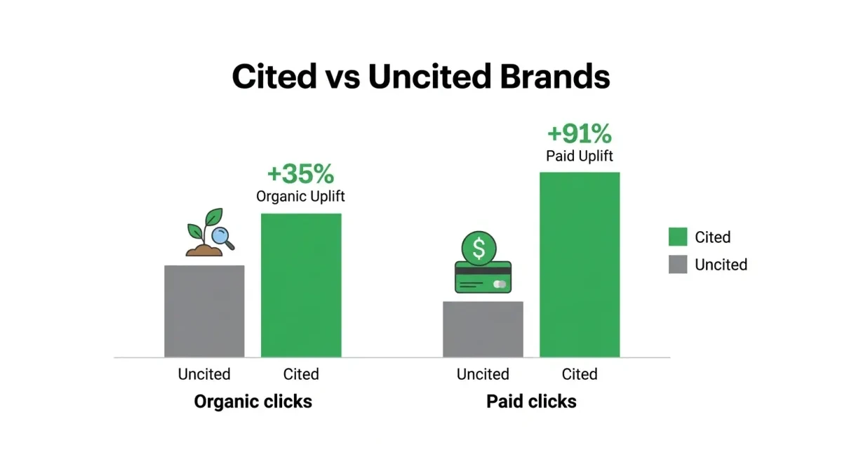 Infographic: Cited brands earn 35 percent more organic clicks and 91 percent more paid clicks than uncited brands on the same queries