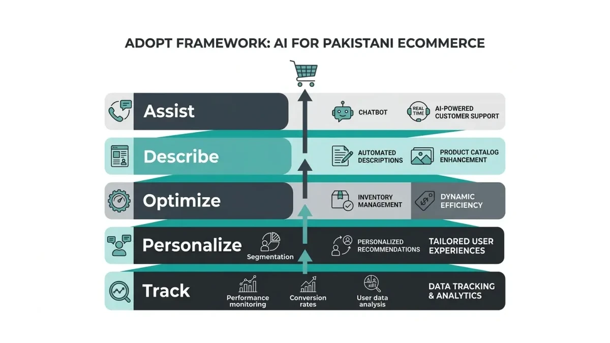 Infographic: the ADOPT framework as five connected layers for Pakistani ecommerce AI, from Assist at the top to Track at the bottom