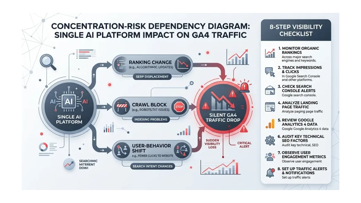 Infographic: Infographic of the concentration-risk dependency diagram, three nodes showing how a single AI platform can break traffic