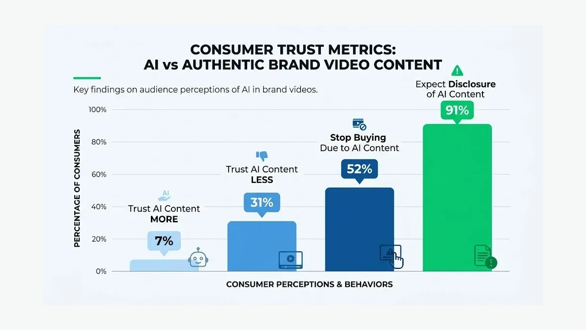 Infographic: Consumer trust comparison between AI-generated and authentic brand video content showing trust, distrust, and disclosure expectations
