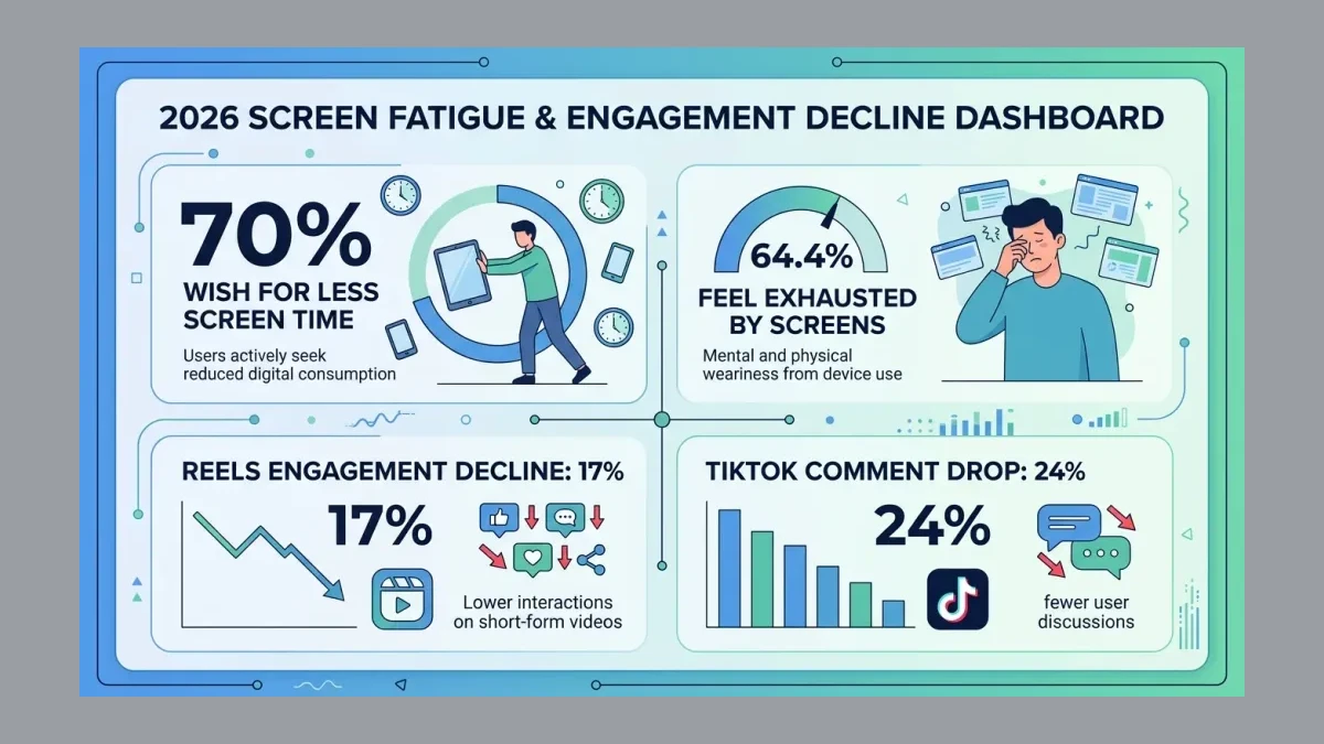 Infographic: Screen fatigue metrics and engagement decline data showing consumer fatigue indicators and platform engagement trends for 2026