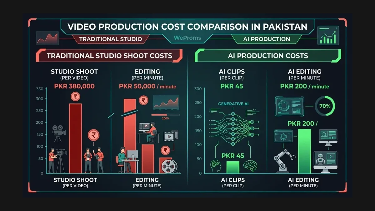 Infographic: Video Production Cost in Pakistan — Traditional Studio PKR 380,000 vs AI-Generated PKR 45 per clip