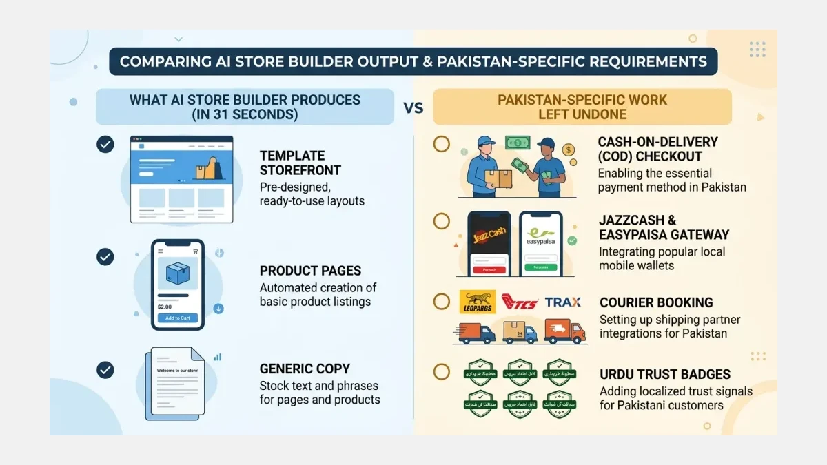 Infographic: what an AI builder produces in 31 seconds versus the Pakistan-specific work it leaves undone