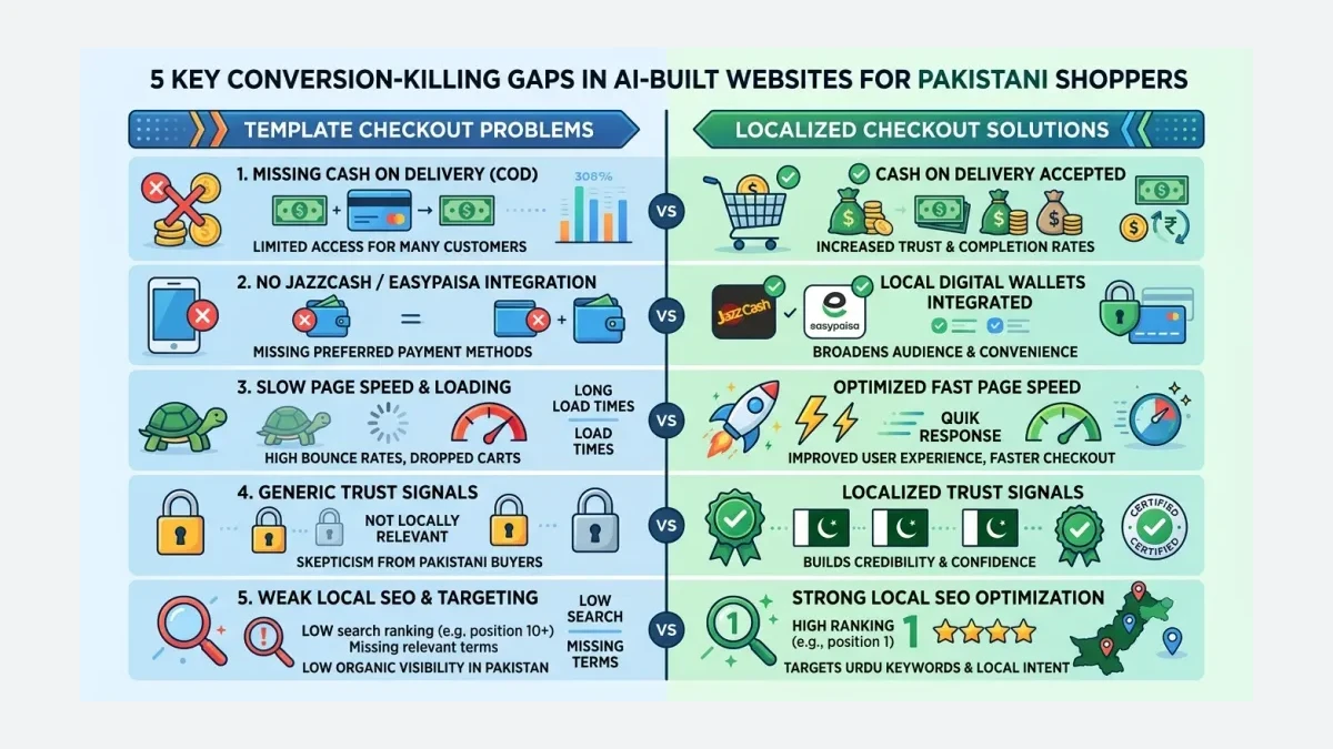 Infographic: Five conversion-killing gaps in AI-built websites for Pakistani shoppers, showing template checkout versus localized checkout side by side