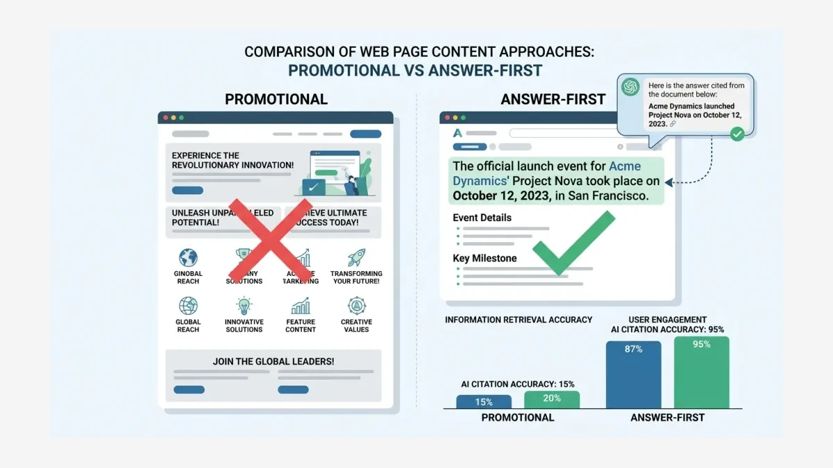 Infographic: how AI engines cite a factual answer-first page versus a promotional page