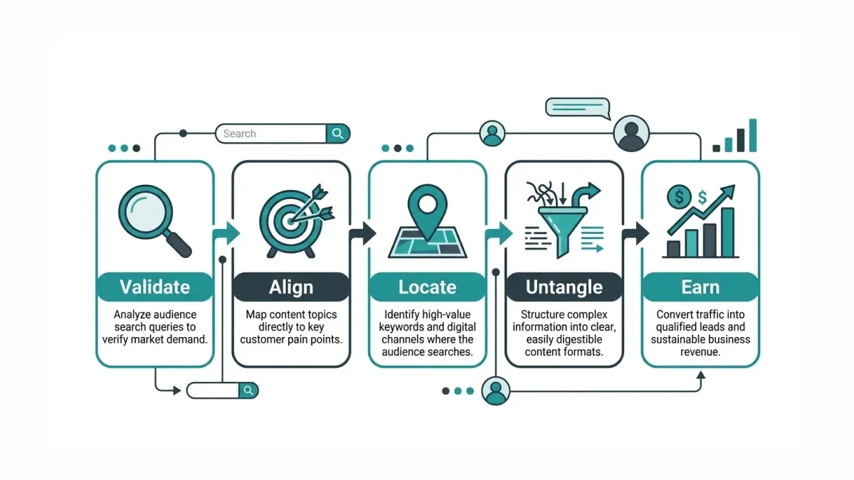 Infographic: The VALUE framework for audience-first SEO, five steps from Validate audience to Earn segment revenue