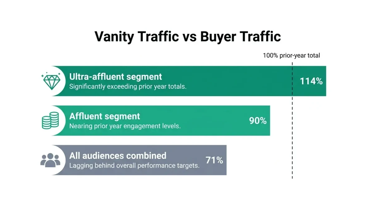 Infographic: Vanity traffic versus buyer traffic, total organic leads fell to 71 percent while the top audience segment hit 114 percent of prior year