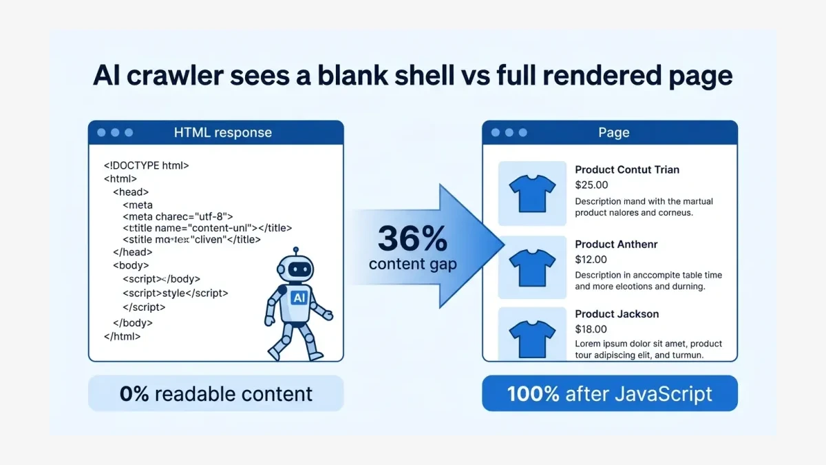 Infographic: AI crawler receives a blank HTML shell on the left versus a fully rendered page on the right, with a 36% content gap labeled between them
