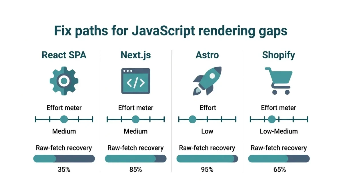 Infographic: four fix paths for JavaScript rendering gaps, showing React, Next.js, Astro, and Shopify with relative effort and raw-fetch recovery percentage