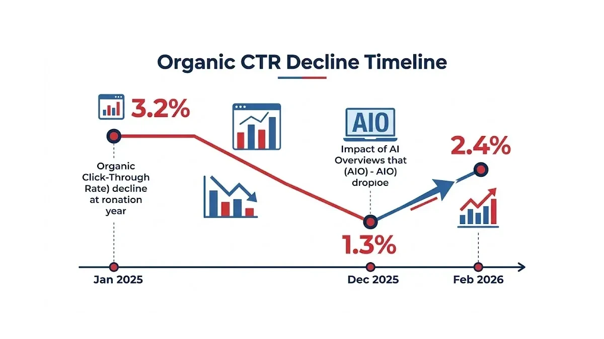 Infographic: Infographic showing organic CTR decline timeline: Jan 2025 baseline at 3.2%, Dec 2025 AIO nadir at 1.3%, Feb 2026 partia