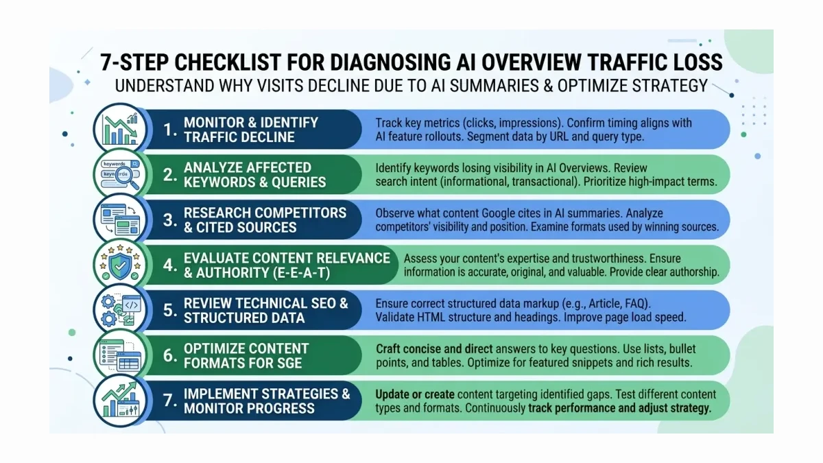 Infographic: Infographic showing 7-step AI Overview traffic loss diagnosis checklist. Each step as a numbered row with icon. Clean mo