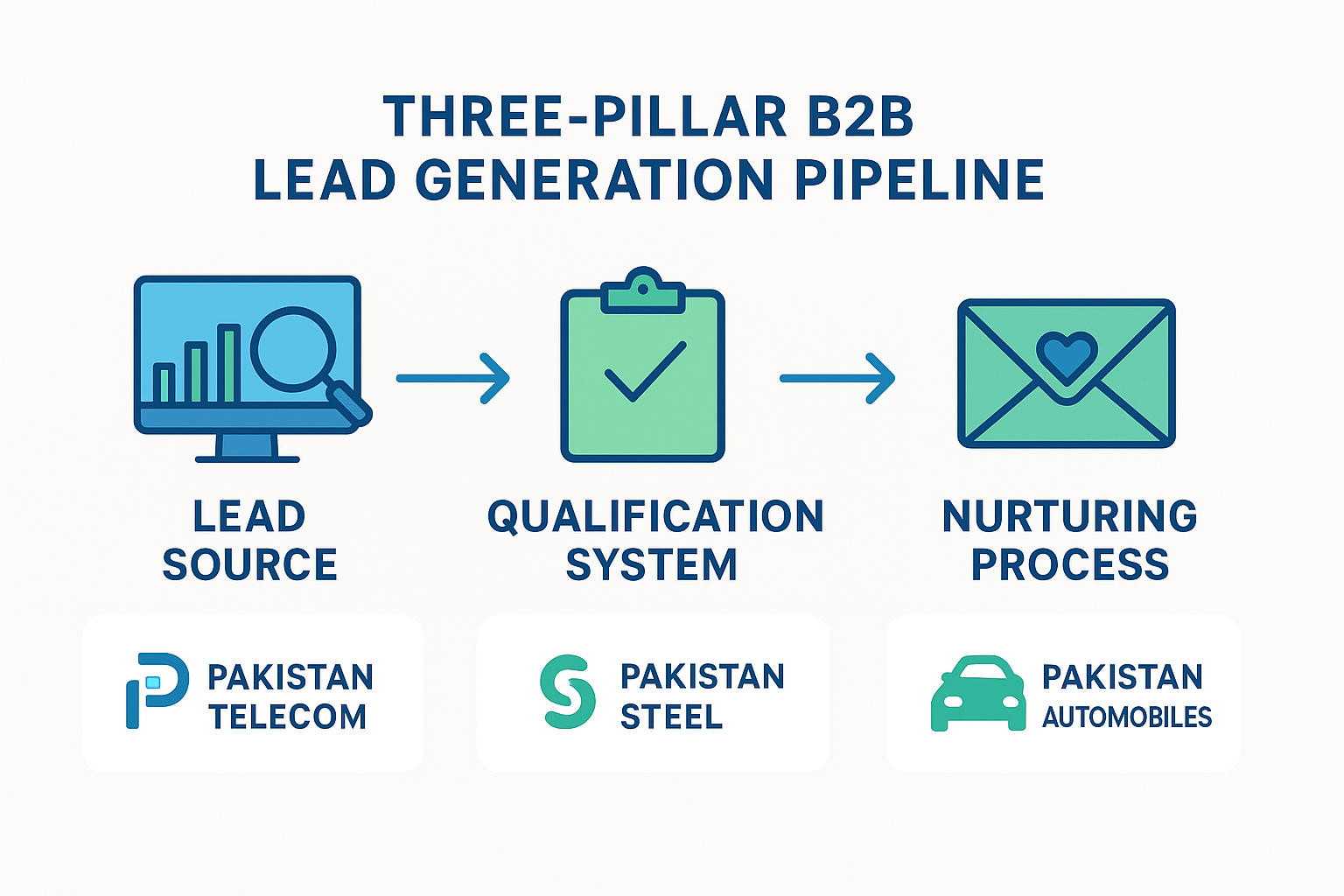 Infographic: Three-pillar diagram showing B2B lead generation pipeline — lead source feeds qualification system feeds nurturing process, with Pakistani business examples at each stage
