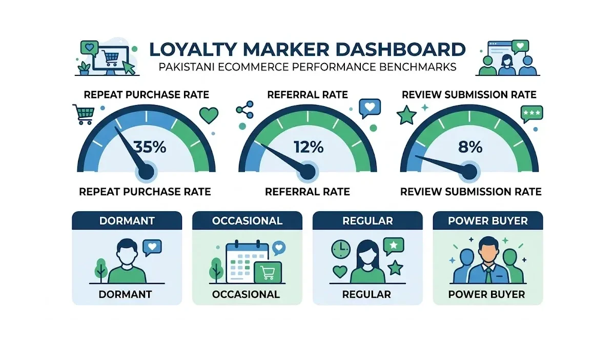 Infographic: Loyalty marker dashboard showing repeat purchase, referral, and review rates