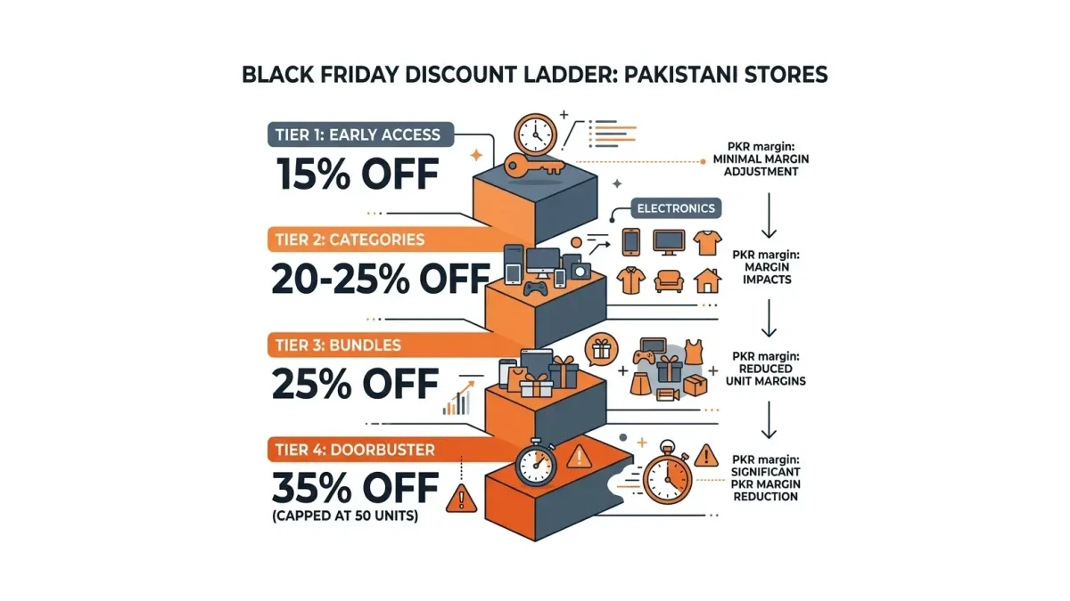 Infographic: A four-tier Black Friday discount ladder from 15 percent early access to a capped 35 percent doorbuster