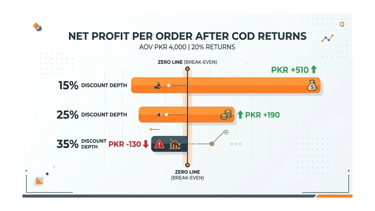 Infographic: COD order economics at 15, 25, and 35 percent discount depths showing net per order after returns