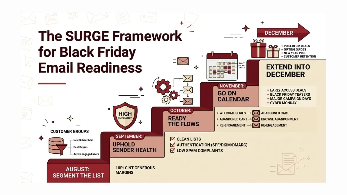 Infographic: The SURGE framework shown as a five-step ladder for Pakistani ecommerce stores, with Segment, Uphold, Ready, Go, and Extend steps mapped to August through December preparation milestones.