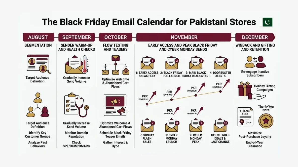 Infographic: A week-by-week Black Friday email calendar for Pakistani stores running from August preparation through November sends, showing segmentation, sender-health checks, flow testing, teaser sends, early access, peak Black Friday days, Cyber Monday, and December winback.
