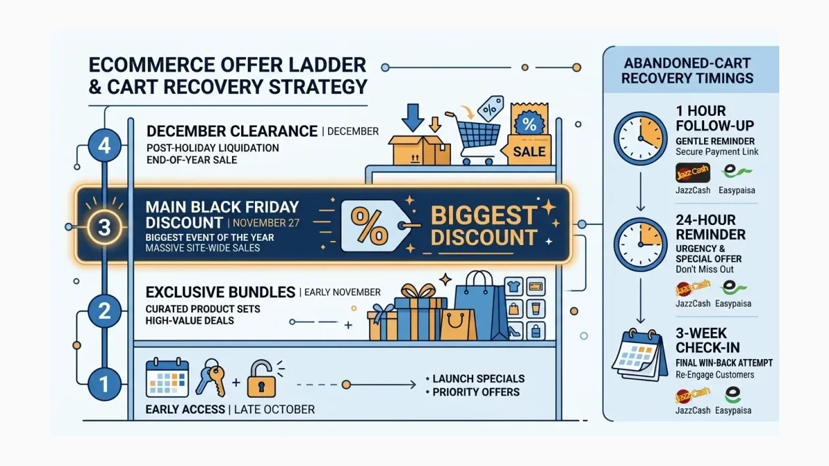 Infographic: The four-rung offer ladder from late-October early access through Cyber Monday clearance with recovery flow timings.
