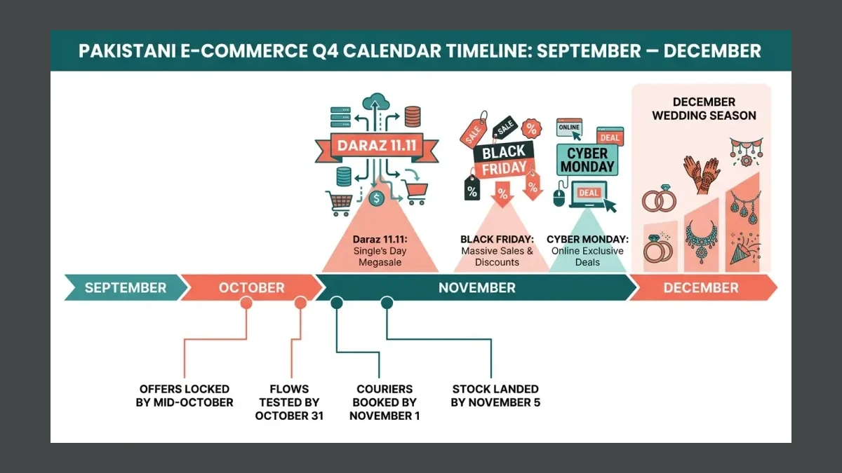 Infographic: The Pakistani Q4 calendar showing 11.11, Black Friday, Cyber Monday, and wedding season peaks with preparation deadlines.