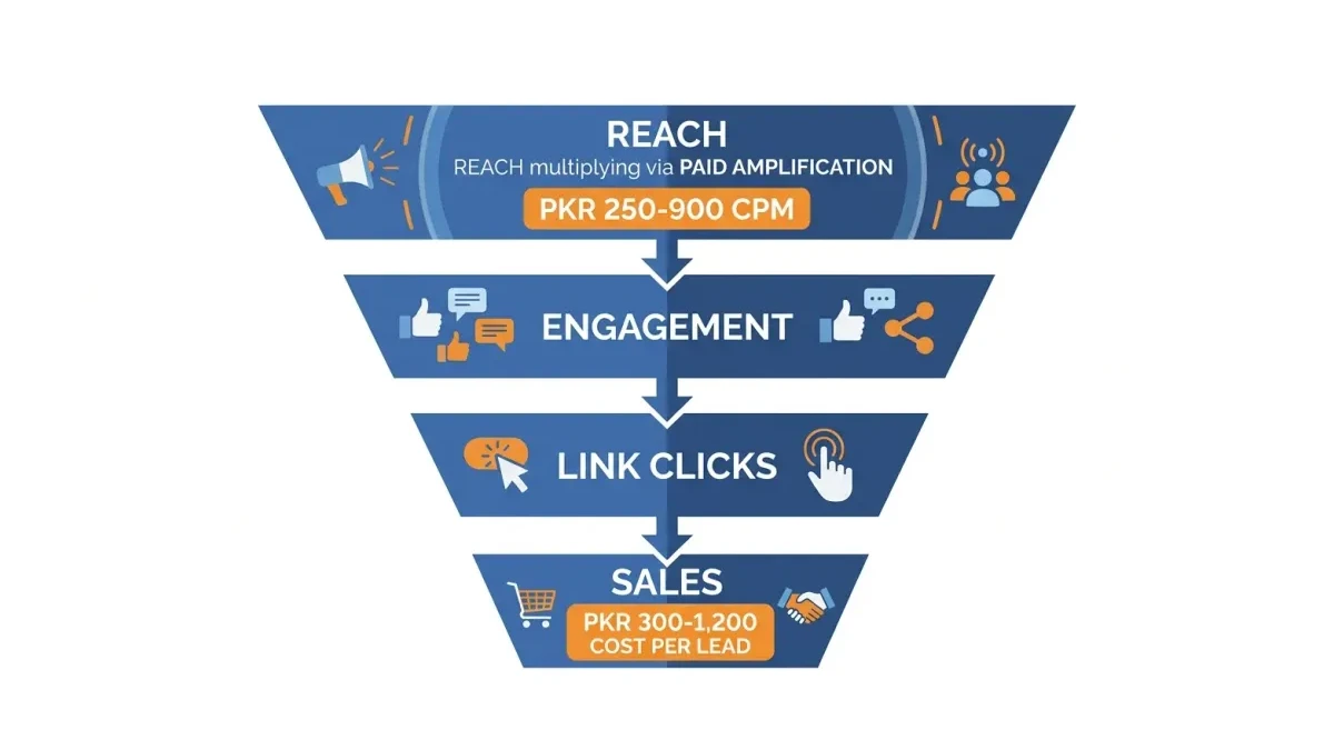 Infographic: A social media funnel diagram showing paid reach multiplying at the top while engagement, clicks, and sales narrow sharply at the bottom.