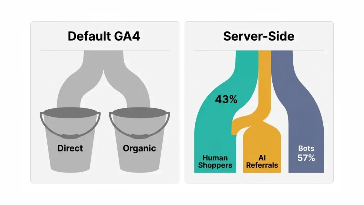 Infographic: A two-panel comparison — left panel shows a default GA4 report where bot and AI traffic collapse into "Direct" and "Organic"; right panel shows a server-side setup that separates human shoppers, AI referrals, and bots into distinct labelled streams with percentage shares.