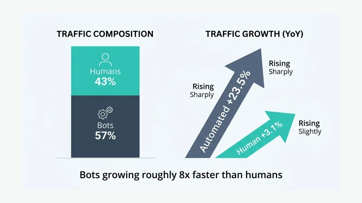 Infographic: Infographic showing traffic composition and growth — a stacked bar split Bots 57% slate and Humans 43% teal, beside tw