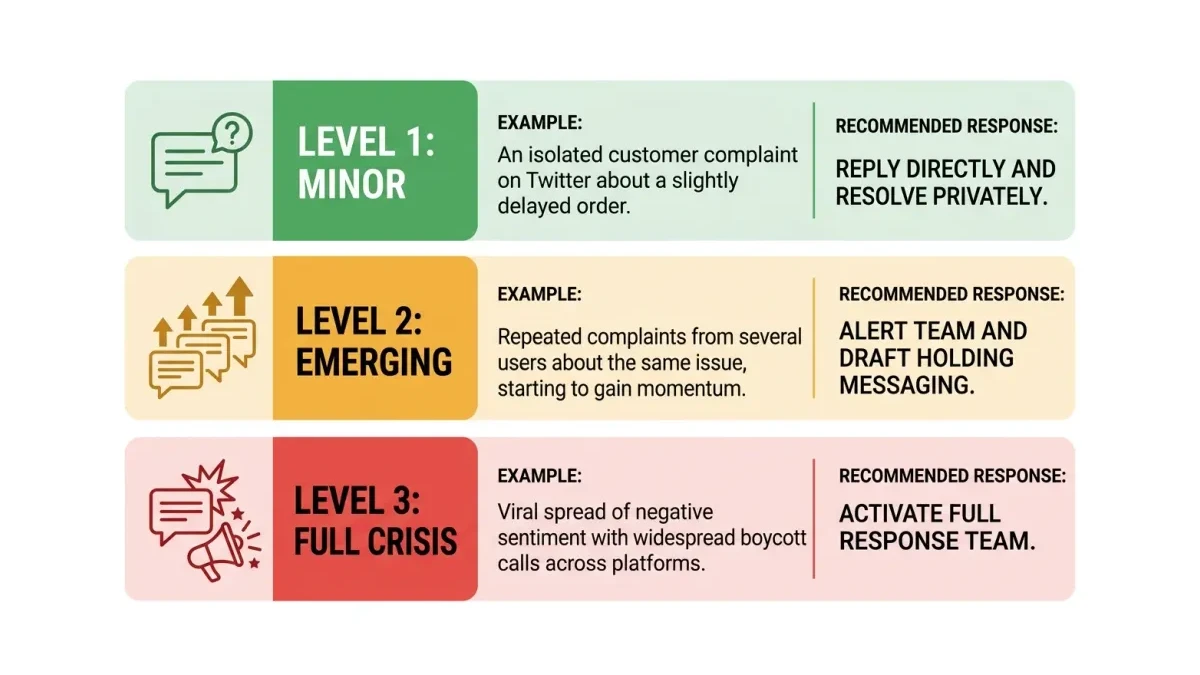 Infographic: three-tier social media crisis escalation ladder for Pakistani brands showing Level 1 minor, Level 2 emerging, and Level 3 full crisis with response actions for each tier