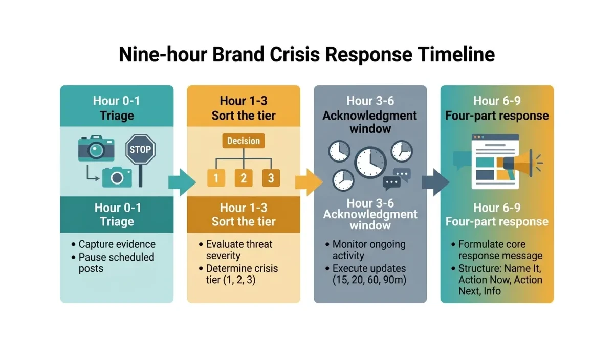 Infographic: nine-hour brand crisis response timeline for Pakistani brands showing four sequential blocks - Hour 0 to 1 triage and evidence capture, Hour 1 to 3 tier sorting, Hour 3 to 6 the 15-20-60-90 acknowledgment window, and Hour 6 to 9 the four-part public response