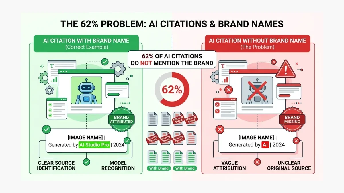 Infographic: Infographic showing the 62% problem: split diagram with left side showing AI citation with brand name highlighted in gre