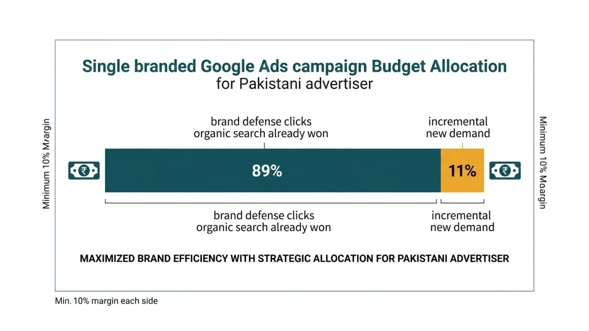 Infographic: split bar visual of one branded Google Ads campaign budget for a Pakistani advertiser, with the 89 percent brand-defense share dwarfing the 11 percent incremental slice
