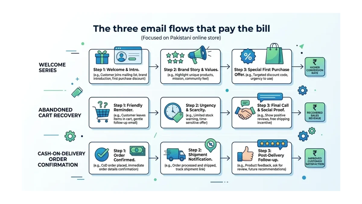 Infographic: Three email flows for a Pakistani store, from welcome series to abandoned cart to cash-on-delivery confirmation.