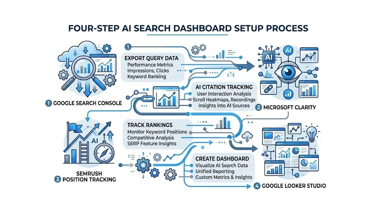 Infographic: Infographic showing four-step AI search dashboard setup process: Google Search Console exports query data flowing to Mic