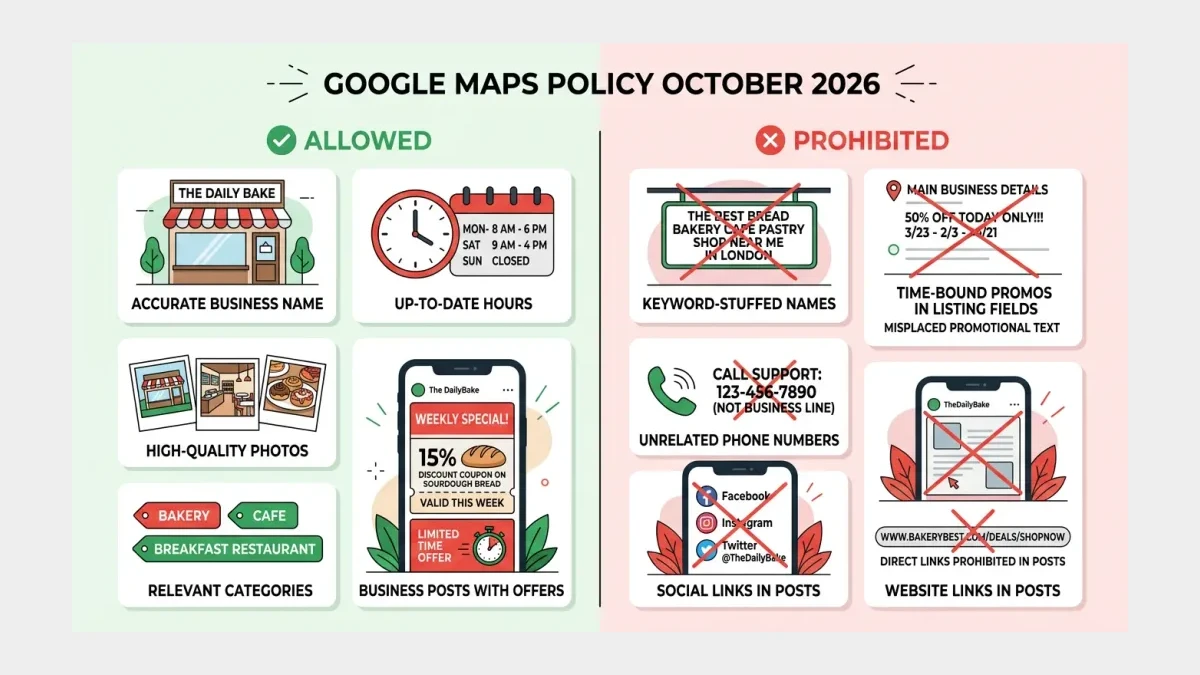 This infographic contrasts what Google's October 2026 Maps policy allows in a business listing versus the promotional content, keyword stuffing, and unrelated links it prohibits.