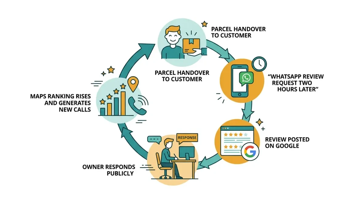This infographic shows the earned-review loop: parcel handover, a WhatsApp review request two hours later, the review posted, the owner responding, and Maps ranking feeding new calls.