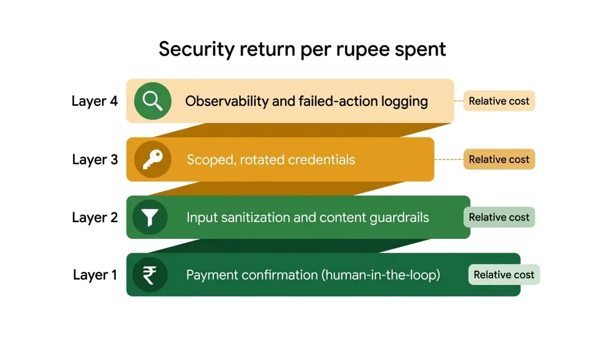 Infographic: layered defense priority showing payment confirmation first, then input sanitization, scoped credentials, and observability logging stacked in order of security return per PKR spent