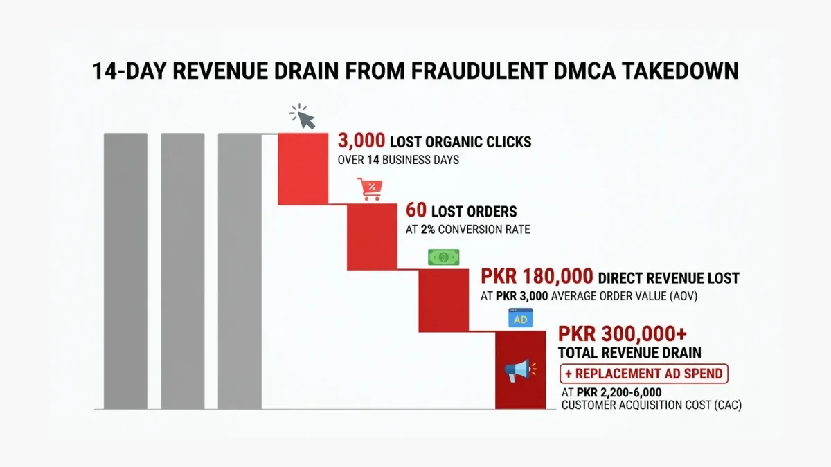 Infographic: the 14-day revenue drain from a fraudulent DMCA takedown on a Pakistani store
