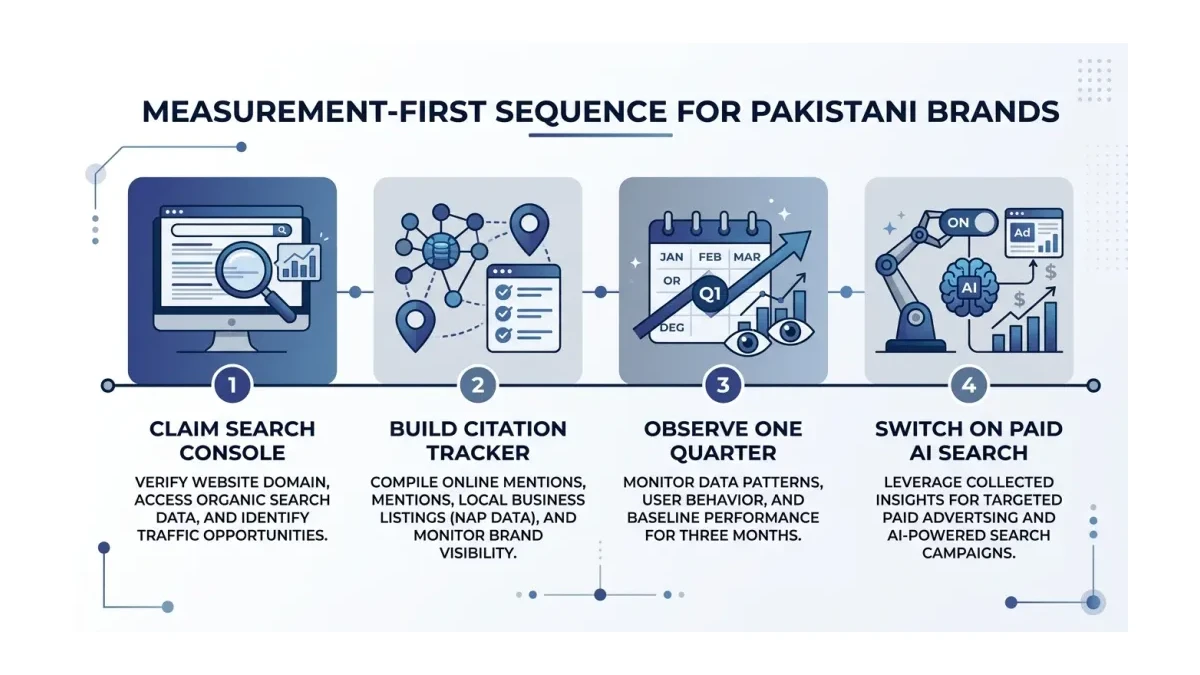 Infographic: Infographic showing a measurement-first sequence for Pakistani brands: claim Search Console, build citation tracker, obs
