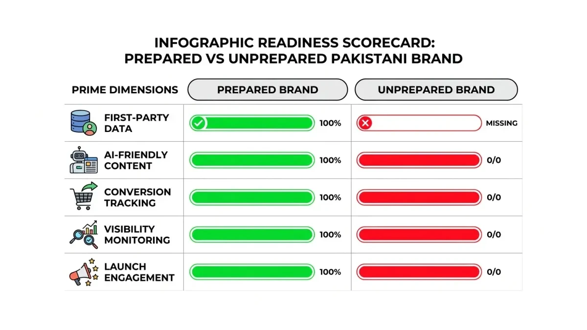 Infographic: ChatGPT Ads readiness scorecard, prepared Pakistani brand versus unprepared brand across five PRIME dimensions