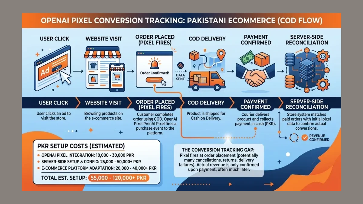 Infographic: Infographic showing OpenAI Pixel conversion tracking flow for Pakistani ecommerce with Cash on Delivery. Diagram: User c