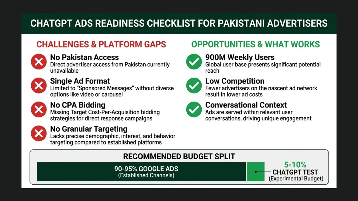 Infographic: ChatGPT Ads readiness checklist for Pakistani advertisers showing platform gaps