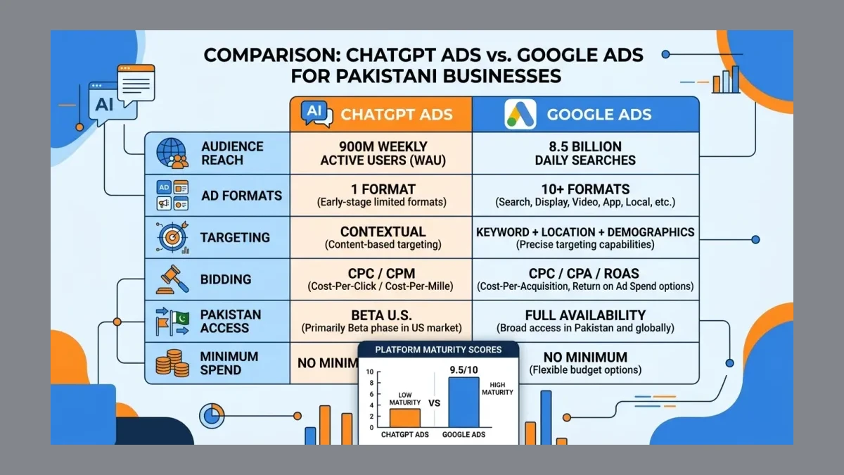 Infographic: Comparison table infographic: ChatGPT Ads vs Google Ads for Pakistani businesses. Two columns comparing: Audience reach