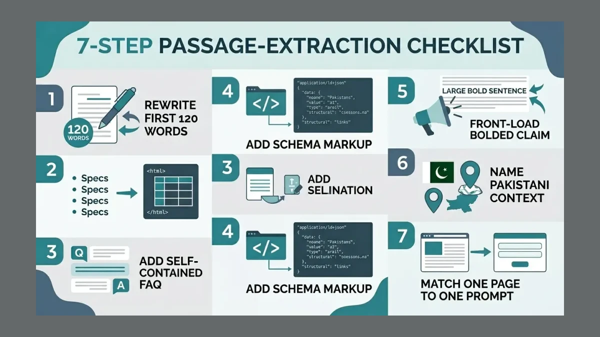 Infographic: Infographic of the 7-step passage-extraction checklist shown as a vertical numbered list with icons for each step: rewri